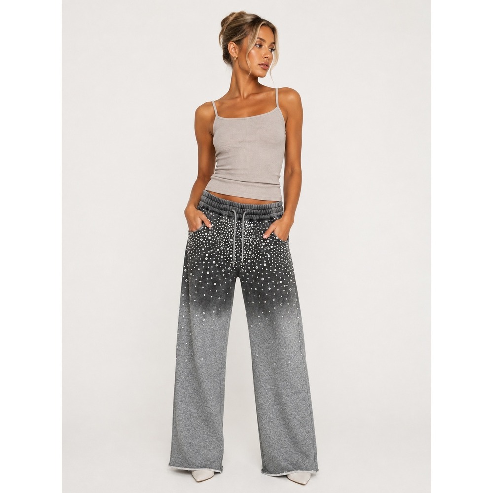 Rich Radi Qs New York Gradient Starry Beaded Knit Wide Leg Pants Grey S NWOT New